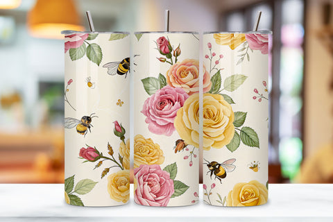 3D Rose and Bee Seamless Tumbler Wrap, Nature-Inspired 3D Design, seamless tumbler wrap, rose bee design, nature floral wrap, 3d rose bees, watercolor bee design, 20oz skinny tumbler, tapered tumbler wrap, straight tumbler design Sublimation FloridPrintables 