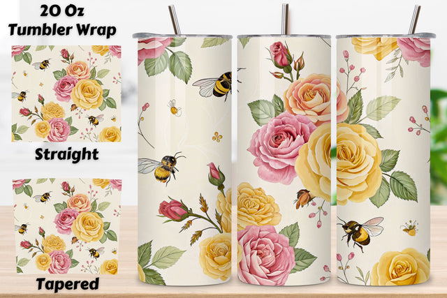 3D Rose and Bee Seamless Tumbler Wrap, Nature-Inspired 3D Design, seamless tumbler wrap, rose bee design, nature floral wrap, 3d rose bees, watercolor bee design, 20oz skinny tumbler, tapered tumbler wrap, straight tumbler design Sublimation FloridPrintables 