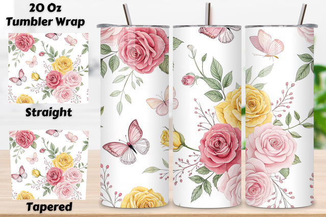 3D Rose and Butterfly Seamless Tumbler Wrap, Delicate 3D Design, seamless tumbler wrap, rose butterfly design, delicate floral wrap, 3d rose design, watercolor butterfly design, 20oz skinny tumbler, tapered tumbler wrap, straight tumbler design Sublimation FloridPrintables 