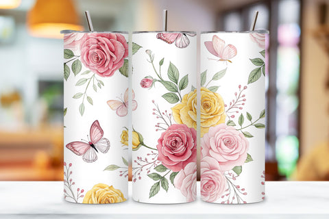 3D Rose and Butterfly Seamless Tumbler Wrap, Delicate 3D Design, seamless tumbler wrap, rose butterfly design, delicate floral wrap, 3d rose design, watercolor butterfly design, 20oz skinny tumbler, tapered tumbler wrap, straight tumbler design Sublimation FloridPrintables 
