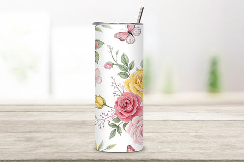 3D Rose and Butterfly Seamless Tumbler Wrap, Delicate 3D Design, seamless tumbler wrap, rose butterfly design, delicate floral wrap, 3d rose design, watercolor butterfly design, 20oz skinny tumbler, tapered tumbler wrap, straight tumbler design Sublimation FloridPrintables 