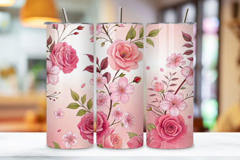 3D Rose and Cherry Blossom Seamless Tumbler Wrap, Soft Pink 3D Design, seamless tumbler wrap, rose cherry design, soft floral wrap, pink blossom roses, watercolor cherry design, 20oz skinny tumbler, tapered tumbler wrap, straight tumbler design Sublimation FloridPrintables 