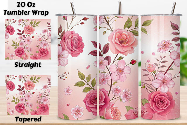 3D Rose and Cherry Blossom Seamless Tumbler Wrap, Soft Pink 3D Design, seamless tumbler wrap, rose cherry design, soft floral wrap, pink blossom roses, watercolor cherry design, 20oz skinny tumbler, tapered tumbler wrap, straight tumbler design Sublimation FloridPrintables 