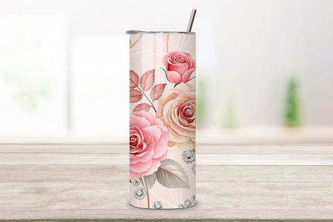 3D Rose and Crystal Seamless Tumbler Wrap, Sparkling 3D Roses, seamless tumbler wrap, rose crystal design, sparkling floral wrap, 3d rose crystals, watercolor crystal design, 20oz skinny tumbler, tapered tumbler wrap, straight tumbler design Sublimation FloridPrintables 