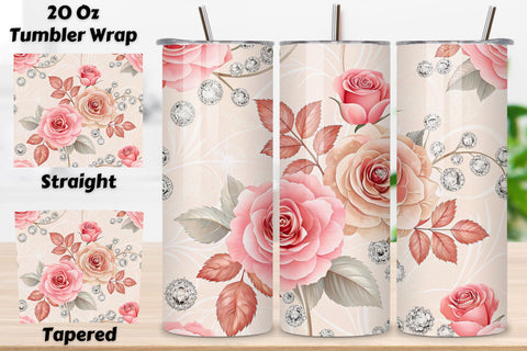 3D Rose and Crystal Seamless Tumbler Wrap, Sparkling 3D Roses, seamless tumbler wrap, rose crystal design, sparkling floral wrap, 3d rose crystals, watercolor crystal design, 20oz skinny tumbler, tapered tumbler wrap, straight tumbler design Sublimation FloridPrintables 