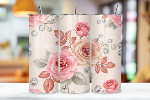 3D Rose and Crystal Seamless Tumbler Wrap, Sparkling 3D Roses, seamless tumbler wrap, rose crystal design, sparkling floral wrap, 3d rose crystals, watercolor crystal design, 20oz skinny tumbler, tapered tumbler wrap, straight tumbler design Sublimation FloridPrintables 