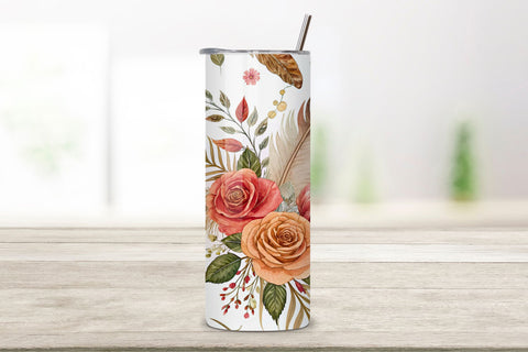 3D Rose and Feather Seamless Tumbler Wrap, Bohemian 3D Design, seamless tumbler wrap, rose feather design, bohemian floral wrap, 3d rose feathers, watercolor feather design, 20oz skinny tumbler, tapered tumbler wrap, straight tumbler design Sublimation FloridPrintables 