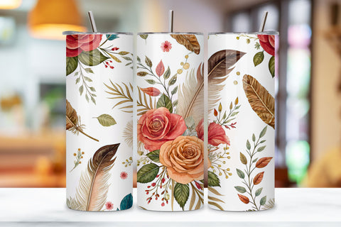3D Rose and Feather Seamless Tumbler Wrap, Bohemian 3D Design, seamless tumbler wrap, rose feather design, bohemian floral wrap, 3d rose feathers, watercolor feather design, 20oz skinny tumbler, tapered tumbler wrap, straight tumbler design Sublimation FloridPrintables 