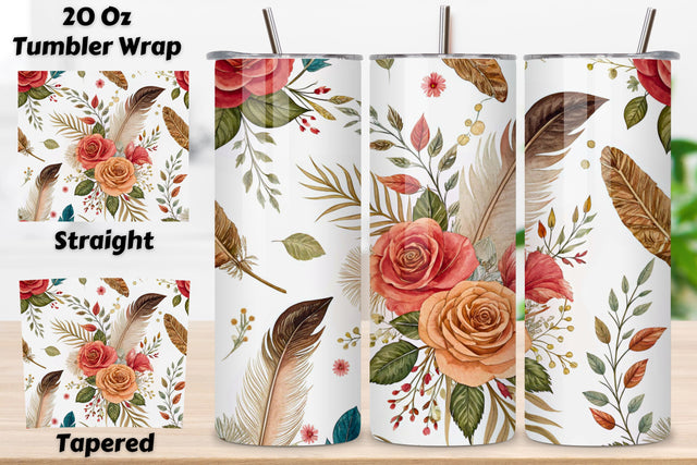 3D Rose and Feather Seamless Tumbler Wrap, Bohemian 3D Design, seamless tumbler wrap, rose feather design, bohemian floral wrap, 3d rose feathers, watercolor feather design, 20oz skinny tumbler, tapered tumbler wrap, straight tumbler design Sublimation FloridPrintables 