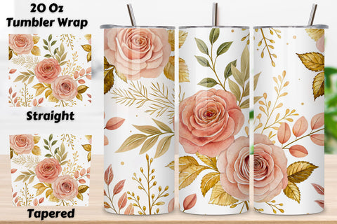3D Rose and Gold Leaf Seamless Tumbler Wrap, Elegant 3D Roses with Gold Accents, seamless tumbler wrap, rose gold design, elegant floral wrap, 3d rose leaves, watercolor gold design, 20oz skinny tumbler, tapered tumbler wrap Sublimation FloridPrintables 