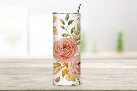 3D Rose and Gold Leaf Seamless Tumbler Wrap, Elegant 3D Roses with Gold Accents, seamless tumbler wrap, rose gold design, elegant floral wrap, 3d rose leaves, watercolor gold design, 20oz skinny tumbler, tapered tumbler wrap Sublimation FloridPrintables 
