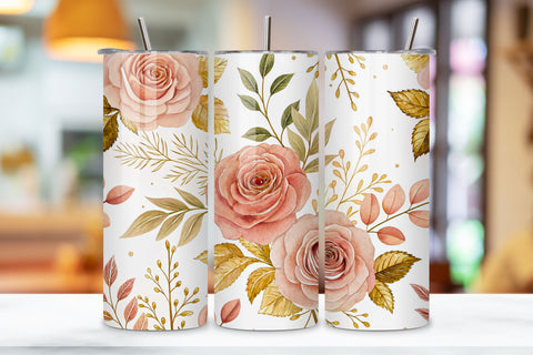3D Rose and Gold Leaf Seamless Tumbler Wrap, Elegant 3D Roses with Gold Accents, seamless tumbler wrap, rose gold design, elegant floral wrap, 3d rose leaves, watercolor gold design, 20oz skinny tumbler, tapered tumbler wrap Sublimation FloridPrintables 