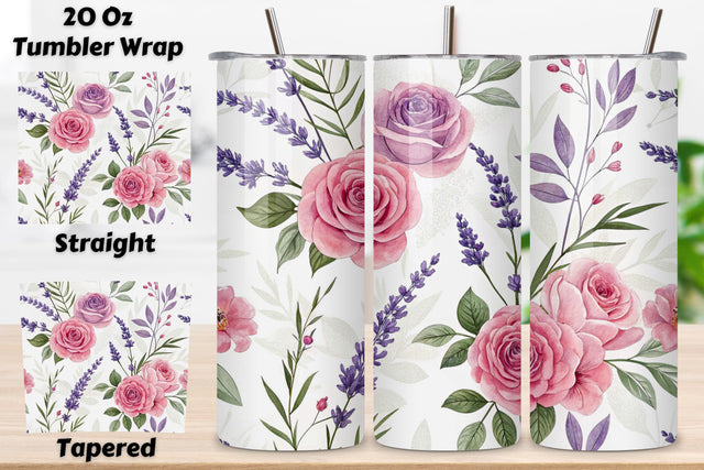 3D Rose and Lavender Seamless Tumbler Wrap, Soft Purple and Pink Tones, seamless tumbler wrap, rose lavender design, soft floral wrap, purple pink roses, watercolor lavender design, 20oz skinny tumbler, tapered tumbler wrap, straight tumbler design Sublimation FloridPrintables 