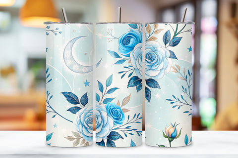3D Rose and Moon Seamless Tumbler Wrap, Mystical 3D Design, seamless tumbler wrap, rose moon design, mystical floral wrap, 3d rose moon, watercolor moon design, 20oz skinny tumbler, tapered tumbler wrap, straight tumbler design Sublimation FloridPrintables 