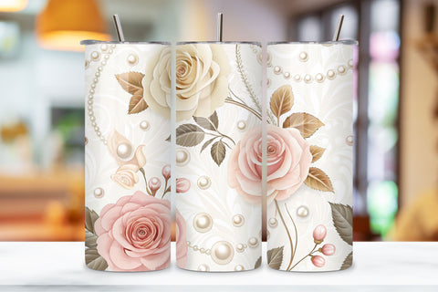 3D Rose and Pearl Seamless Tumbler Wrap, Elegant 3D Roses with Pearls, seamless tumbler wrap, rose pearl design, elegant floral wrap, 3d rose pearls, watercolor pearl design, 20oz skinny tumbler, tapered tumbler wrap, straight tumbler design Sublimation FloridPrintables 