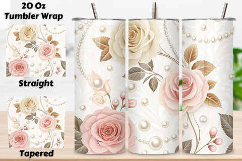 3D Rose and Pearl Seamless Tumbler Wrap, Elegant 3D Roses with Pearls, seamless tumbler wrap, rose pearl design, elegant floral wrap, 3d rose pearls, watercolor pearl design, 20oz skinny tumbler, tapered tumbler wrap, straight tumbler design Sublimation FloridPrintables 