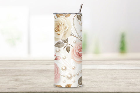 3D Rose and Pearl Seamless Tumbler Wrap, Elegant 3D Roses with Pearls, seamless tumbler wrap, rose pearl design, elegant floral wrap, 3d rose pearls, watercolor pearl design, 20oz skinny tumbler, tapered tumbler wrap, straight tumbler design Sublimation FloridPrintables 