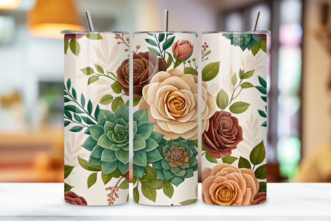 3D Rose and Succulent Seamless Tumbler Wrap, Earthy 3D Design, seamless tumbler wrap, rose succulent design, earthy floral wrap, 3d rose succulents, watercolor succulent design, 20oz skinny tumbler, tapered tumbler wrap, straight tumbler design Sublimation FloridPrintables 