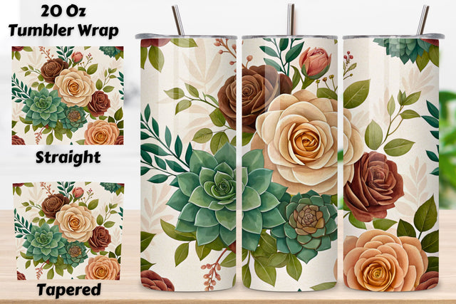 3D Rose and Succulent Seamless Tumbler Wrap, Earthy 3D Design, seamless tumbler wrap, rose succulent design, earthy floral wrap, 3d rose succulents, watercolor succulent design, 20oz skinny tumbler, tapered tumbler wrap, straight tumbler design Sublimation FloridPrintables 