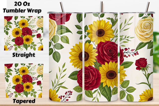 3D Rose and Sunflower Seamless Tumbler Wrap, Bright Yellow and Red Tones, seamless tumbler wrap, rose sunflower design, bright floral wrap, yellow red roses, watercolor sunflower design, 20oz skinny tumbler, tapered tumbler wrap, straight tumbler design Sublimation FloridPrintables 