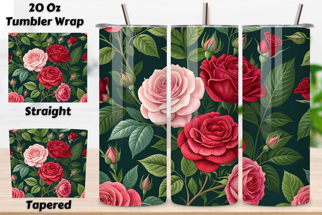 3D Rose Garden Seamless Tumbler Wrap, Romantic Pink and Red Roses, seamless tumbler wrap, rose garden design, romantic floral wrap, pink red roses, watercolor rose design, 20oz skinny tumbler, tapered tumbler wrap Sublimation FloridPrintables 