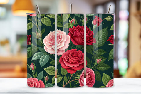 3D Rose Garden Seamless Tumbler Wrap, Romantic Pink and Red Roses, seamless tumbler wrap, rose garden design, romantic floral wrap, pink red roses, watercolor rose design, 20oz skinny tumbler, tapered tumbler wrap Sublimation FloridPrintables 