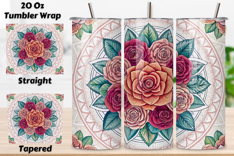 3D Rose Mandala Seamless Tumbler Wrap, Intricate 3D Rose Patterns, seamless tumbler wrap, rose mandala design, intricate floral wrap, 3d rose patterns, watercolor mandala design, 20oz skinny tumbler, tapered tumbler wrap, straight tumbler design Sublimation FloridPrintables 