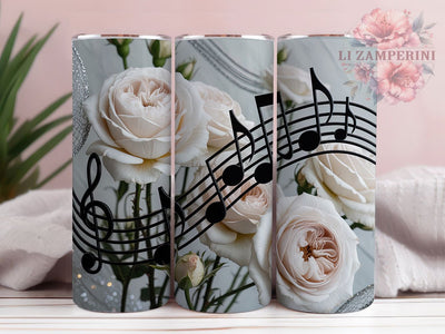 3D Rose Music Note Tumbler, White Roses Floral Wrap, Elegant Music Cup, 20oz Sublimation Wrap, Stylish Rose Music Tumbler, Artistic Floral Design Cup, Musical Botanical Theme Wrap Sublimation Li Zamperini 