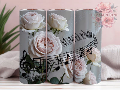 3D Rose Music Note Tumbler, White Roses Floral Wrap, Elegant Music Cup, 20oz Sublimation Wrap, Stylish Rose Music Tumbler, Artistic Floral Design Cup, Musical Botanical Theme Wrap Sublimation Li Zamperini 