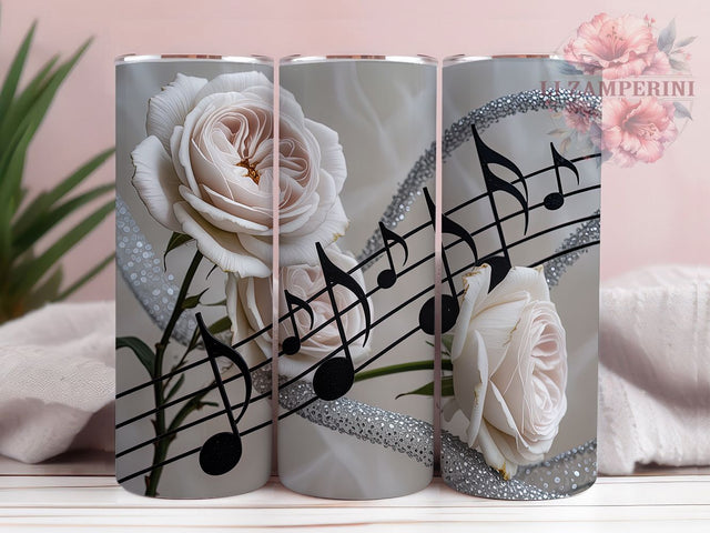 3D Rose Music Note Tumbler, White Roses Floral Wrap, Elegant Music Cup, 20oz Sublimation Wrap, Stylish Rose Music Tumbler, Artistic Floral Design Cup, Musical Botanical Theme Wrap Sublimation Li Zamperini 