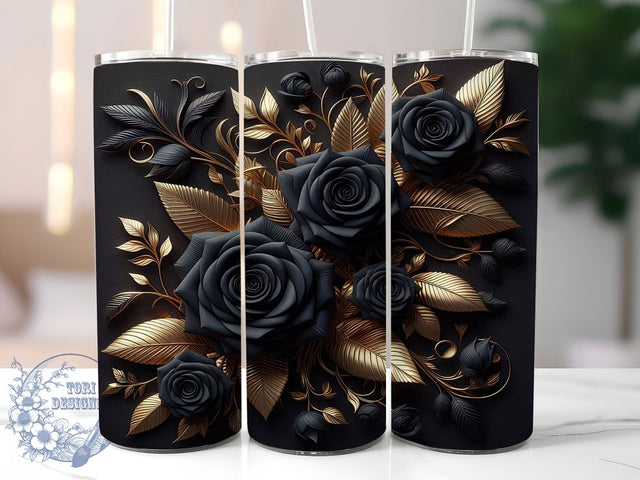 3D Roses Black Gold 20oz Tumbler, Black Gold Floral Cup Wrap, Elegant Rose Design, Sublimation Tumbler Wrap, 20Oz Tumbler Design, Artistic Flower Cup, Stylish Gold Rose Wrap Sublimation ToriDesigns 