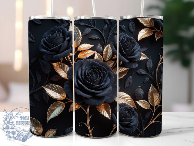 3D Roses Black Gold 20oz Tumbler, Black Gold Floral Cup Wrap, Elegant Rose Design, Sublimation Tumbler Wrap, 20Oz Tumbler Design, Artistic Flower Cup, Stylish Gold Rose Wrap Sublimation ToriDesigns 