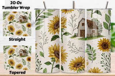 3D Rustic Sunflower Seamless Tumbler Wrap, Farmhouse Style with Greenery Sublimation FloridPrintables 