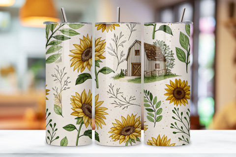 3D Rustic Sunflower Seamless Tumbler Wrap, Farmhouse Style with Greenery Sublimation FloridPrintables 
