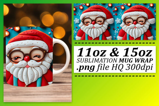 3D Santa Claus Mug Wrap 11oz 15oz Winter Design Sublimation afrosvg 