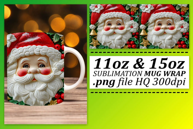 3D Santa Claus Wrap 11oz 15oz Mug Christmas Design Sublimation afrosvg 