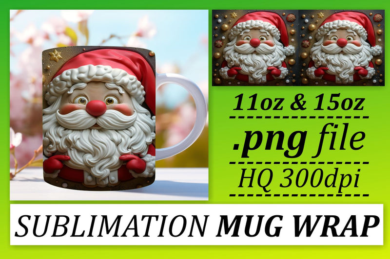 3D Santa Mug Wrap 11oz 15oz Festive Christmas Design Sublimation afrosvg 