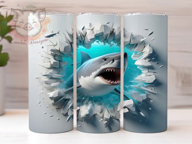 3D Shark Cracked Wall Tumbler, Cracked Wall Wrap, 20Oz Skinny Tumbler, Beach Ocean Sublimation, Shark Attack Design, Coastal Marine Tumbler, Bold Sea Life Wrap Sublimation Lara' s Designs 