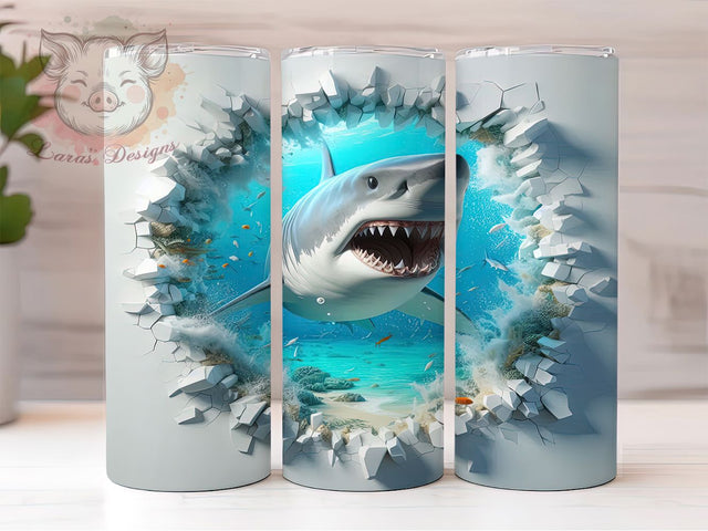 3D Shark Cracked Wall Tumbler, Cracked Wall Wrap, 20Oz Skinny Tumbler, Beach Ocean Sublimation, Shark Attack Design, Coastal Marine Tumbler, Bold Sea Life Wrap Sublimation Lara' s Designs 
