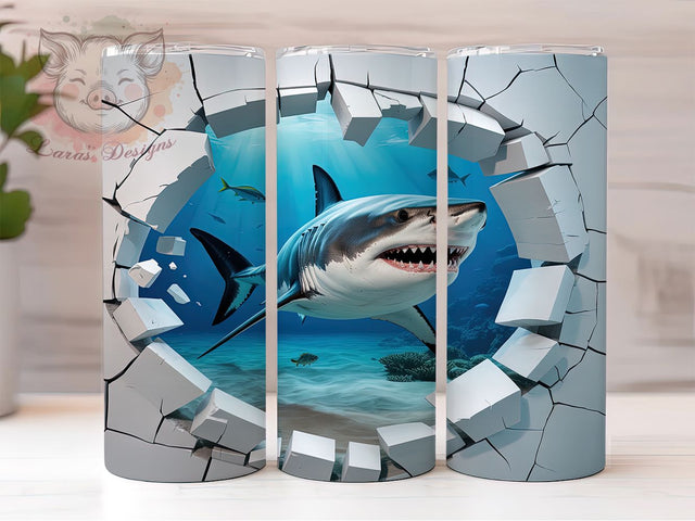 3D Shark Cracked Wall Tumbler, Cracked Wall Wrap, 20Oz Skinny Tumbler, Beach Ocean Sublimation, Shark Attack Design, Coastal Marine Tumbler, Bold Sea Life Wrap Sublimation Lara' s Designs 