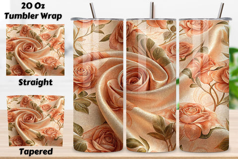 3D Silk Ribbon Rose Seamless Tumbler Wrap, Peach Roses with Fabric Texture Sublimation FloridPrintables 