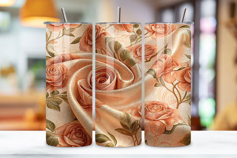 3D Silk Ribbon Rose Seamless Tumbler Wrap, Peach Roses with Fabric Texture Sublimation FloridPrintables 