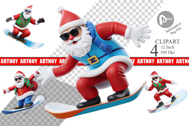 3D Snowboard Santa Clipart Sublimation artnoy 