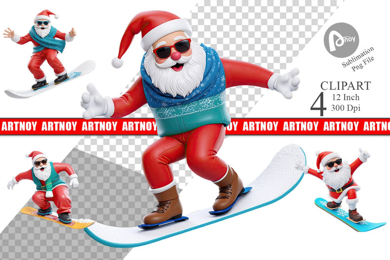 3D Snowboard Santa Clipart Sublimation artnoy 