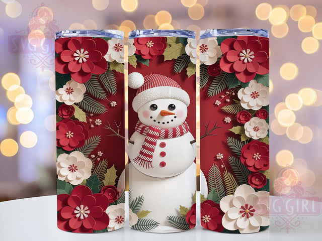 3D Snowman Christmas Floral Tumbler, Christmas Flower Wrap, Holiday Sublimation Design, Winter Snowman Cup, 20Oz Skinny Tumbler Wrap, Festive Floral Mug, Snowman Christmas Design Sublimation SvggirlplusArt 