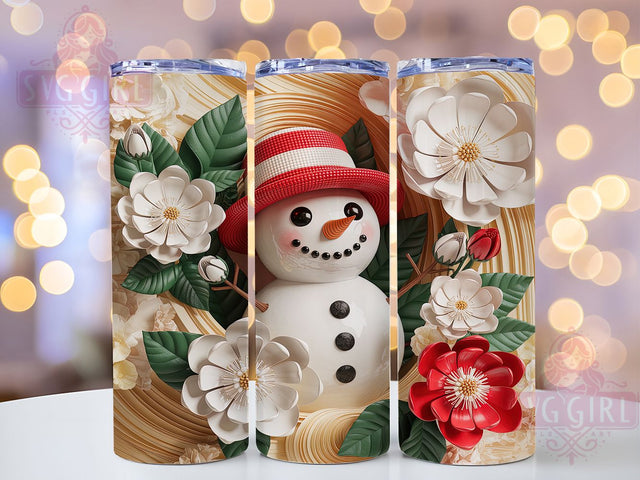 3D Snowman Christmas Floral Tumbler, Christmas Flower Wrap, Holiday Sublimation Design, Winter Snowman Cup, 20Oz Skinny Tumbler Wrap, Festive Floral Mug, Snowman Christmas Design Sublimation SvggirlplusArt 