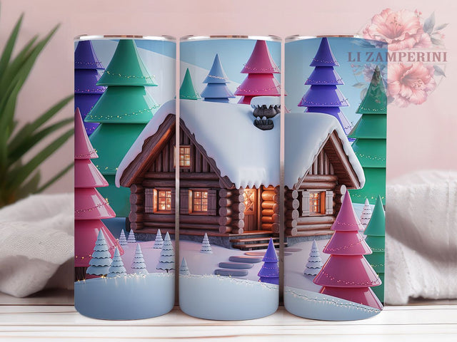 3D Snowy Winter Cabin Tumbler, Christmas Tree Wrap, Snowy Holiday Scene, Sublimation Cup, 20oz Skinny Tumbler, Cozy Winter Drinkware, Rustic Christmas Style Sublimation Li Zamperini 