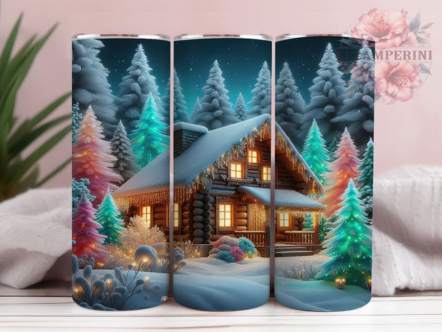3D Snowy Winter Cabin Tumbler, Christmas Tree Wrap, Snowy Holiday Scene, Sublimation Cup, 20oz Skinny Tumbler, Cozy Winter Drinkware, Rustic Christmas Style Sublimation Li Zamperini 