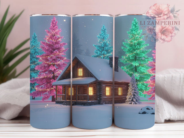 3D Snowy Winter Cabin Tumbler, Christmas Tree Wrap, Snowy Holiday Scene, Sublimation Cup, 20oz Skinny Tumbler, Cozy Winter Drinkware, Rustic Christmas Style Sublimation Li Zamperini 
