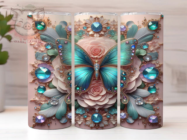 3D Sparkling Butterfly Floral Tumbler, 3D Floral Tumbler, Sparkling Flower Wrap, Whimsical Butterfly Wrap, Artistic Glitter Wrap, Sublimation Design, Trendy Gift Idea Sublimation Lara' s Designs 
